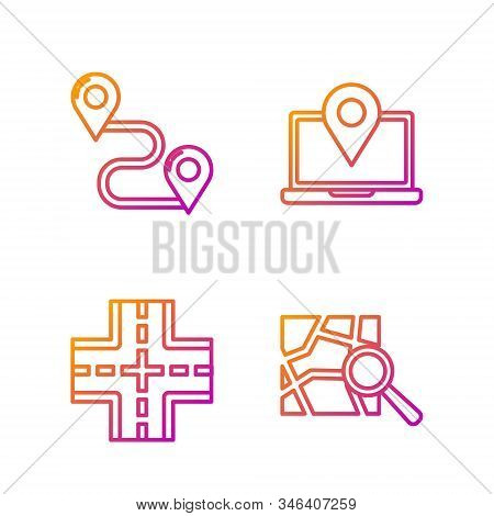 Set Line Folded Map With Location Marker, Road Traffic Sign, Route Location And Laptop With Location