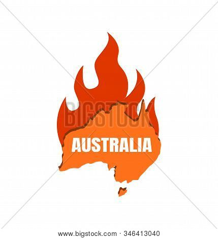 Continent Australia On Fire. Map Of Australia With Fire Flame, Fire On The Continent