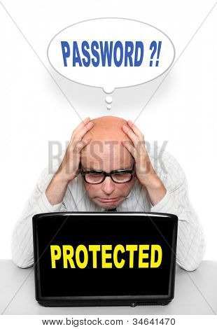Uomo d'affari che ha dimenticato la sua password. Fine delle vacanze, ritorno al concetto di lavoro.