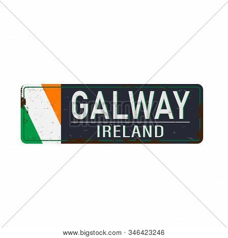 Round Button Icon Of National Flag Of Ireland Galway. Lettering For Logo, Banner, T-shirt Print. Vec