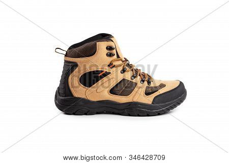 Mens Winter Boots Beige For Expeditions Of Travel Isolated On A White Background