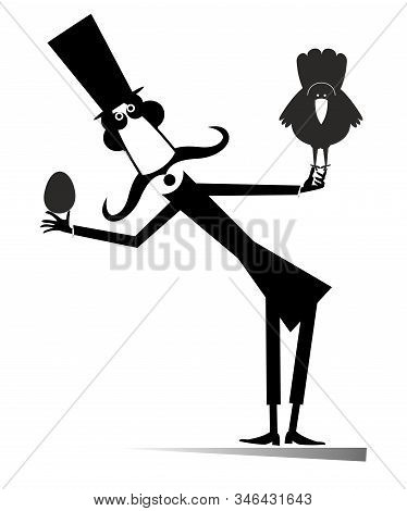 Cartoon Long Mustache Man, Chicken, Egg Illustration. Funny Long Mustache Man In The Top Hat Holds A
