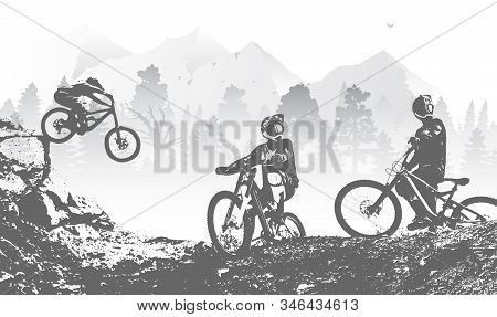 Downhill Mountai Biking Freeride And Enduro Illustration. Bicycle Background With Silhouette Of Down