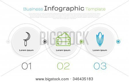 Set Line Sickle, Wooden Box With Harvest And Corn. Business Infographic Template. Vector