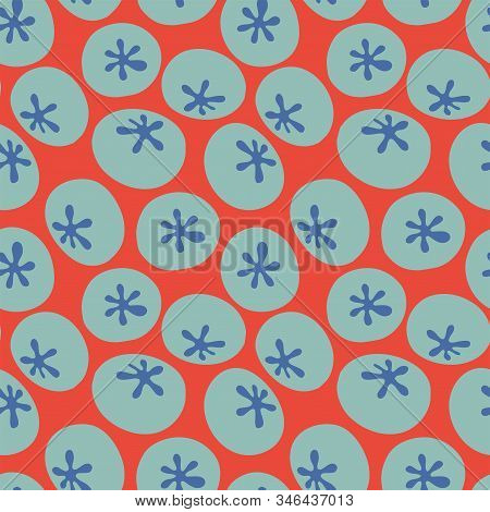 Cute Blueberry Pattern On Poppy Red Background. Vector Repeat Seamless Pattern. Surface Pattern.