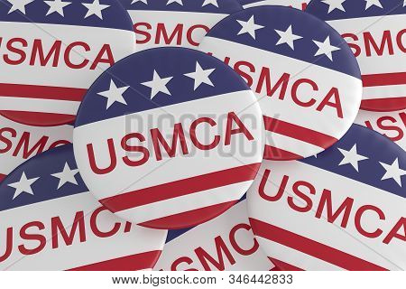 United States-mexico-canada Agreement Badges: Pile Of Usmca Buttons With Us Flag, 3d Illustration