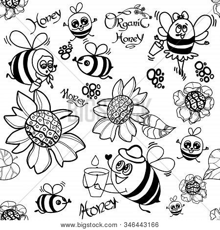 Bee Seamless Pattern. Set Of Bee, Honey, Lettering And Other Beekeeping Illustration. Vector