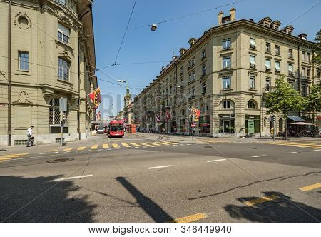 Bern, Switzerland - July 26, 2019: Panoramic View Of The Squares, Streets And Buildings Of Historica