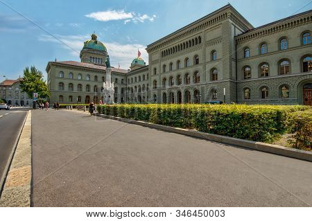 Bern, Switzerland - July 26, 2019: The West Wing Of The Federal Palace Of Switzerland. Swiss Capital