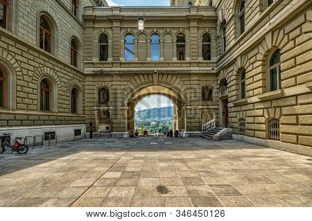 Bern, Switzerland - July 26, 2019: Panoramic View Of The Squares, Streets And Buildings Of Historica