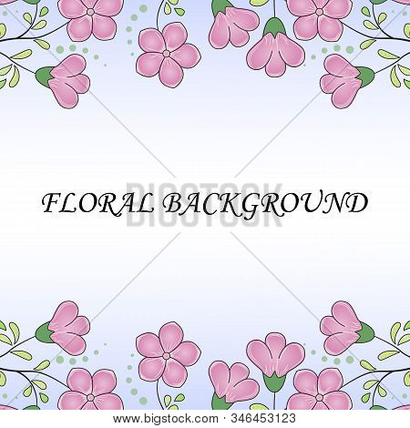 Floral Background, Borders From Twigs With Light Purple Flax Flowers And Yellow-green Leaves, Dots, 