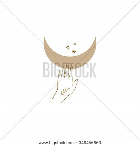 Tiny Line Art Handdrawn Style Logo Or Icon Symbol Of Magical Hand With Branch Holds The Moon. Good F