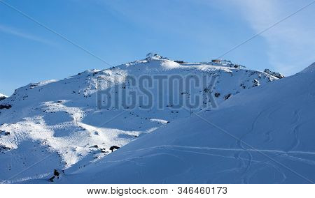 Pic De Saulire Courchevel Cabin Station View Grand Couloir Black Slope Sunset Snowy Mountain Landsca