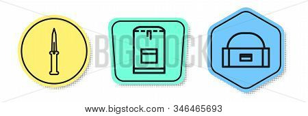 Set Line Army Knife, Backpack And Case Or Box Container For Wobbler. Colored Shapes. Vector