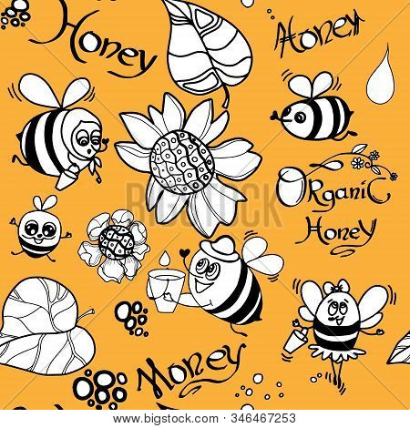 Bee Seamless Pattern. Set Of Bee, Honey, Lettering And Other Beekeeping Illustration On Yellow Backg
