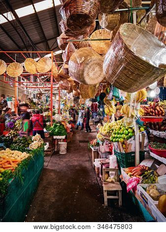 San Pedro Cholula, Mexico, October 17, 2018 - Colorful View Of Fruit And Vegetable Stalls With Vendo