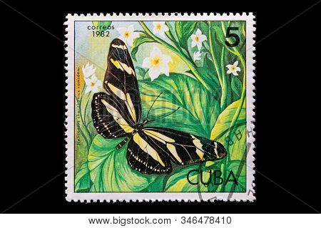 Novosibirsk, Russia - January 07, 2020: Stamp Nature Collection Printed In  Cuba  Shows Black Helico