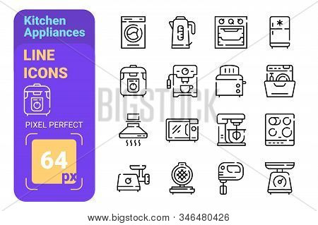 Kitchen Appliances Line Icons Set Vector Illustration. Collection Consista Of Meat Grinder Boiler Mu