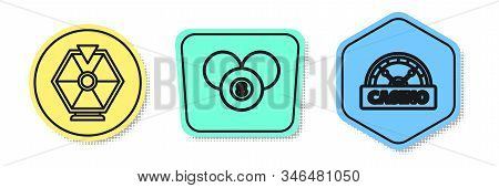 Set Line Lucky Wheel, Billiard Pool Snooker 8 Ball And Casino Signboard. Colored Shapes. Vector