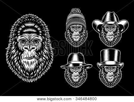 Collection Of Gorilla Smoking Characters In Black And White