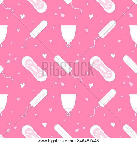 Vector Seamless Pattern Background With Female Hygiene Products, Tampons, Pantyliners And Menstrual 