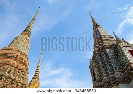 Phra Maha Chedi Four Kings On Uprisen Angle In Daytime, A Large And Tall Pagoda Built As The Reign O
