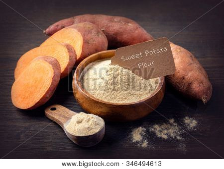 Sweet potato flour in a wooden bowl