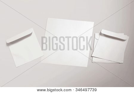 Brochure Mock-up On Background. Opened Tri Fold Blank Paper Brochure Mock Up. Cover For Your Design.