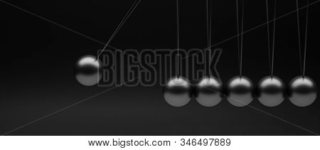 newton's pendulum minimalist image in dark shades 3d render. copyspace, landscape format. time and business concept.