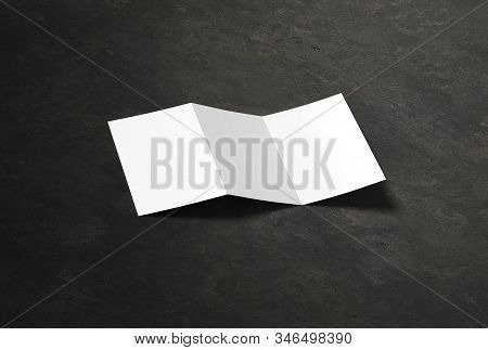 Brochure Mock-up On Background. Opened Tri Fold Blank Paper Brochure Mock Up. Cover For Your Design.