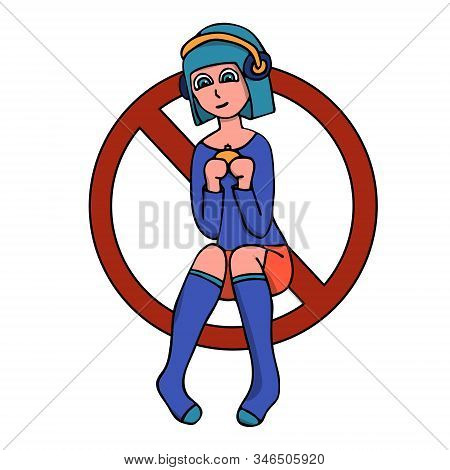 Prohibition Sign For Video Games With A Girl Gamer With Blue Hair And A Gamepad. White Background Is