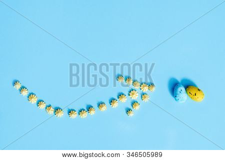 Plane Flies On Blue Background.yellow Sweets. Direction Sign For Easter Eggs. Spring And Easter Are 