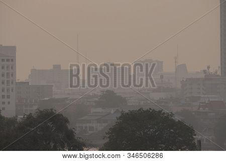 Air Pollution From Lots Of Dust Or Pm2.5 Particle Exceeds The Standard (aqi) At Bangkok, Thailand. N