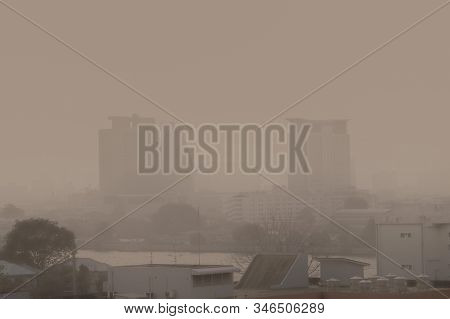 Air Pollution From Lots Of Dust Or Pm2.5 Particle Exceeds The Standard (aqi) At Bangkok, Thailand. N