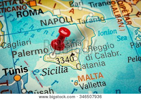 Prague, Czech Republic - January 12, 2019: Red Thumbtack In A Map. Pushpin Pointing At Palermo City 
