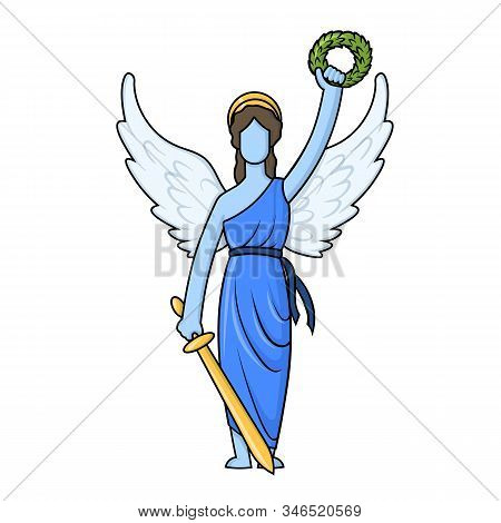 Greek Goddess Nica With A Wreath And A Sword. Cartoon Style Character. Flat Vector Illustration, Iso