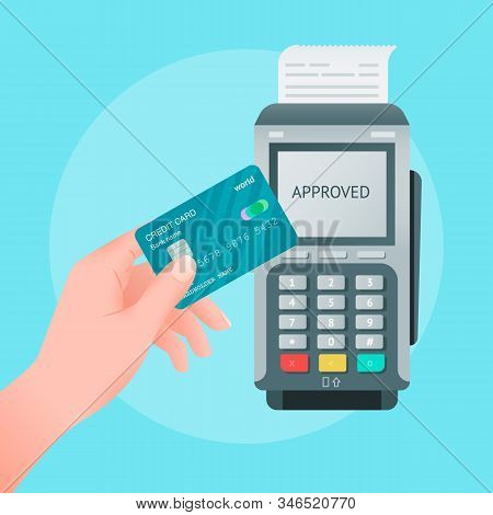Vector Flat Style Illustration Of Wireless Mobile Payment By Credit Card. Hand Holding Card And Pos 