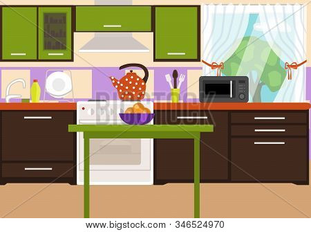 Kitchen Interier. Bright Interior In The Style Of Flat. Kitchen Furniture, Appliances And Items.