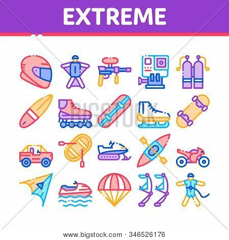 Extreme Sport Activity Collection Icons Set Vector Thin Line. Bike And Crash Helmet, Parachute And H