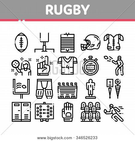 Rugby Sport Game Tool Collection Icons Set Vector Thin Line. Rugby Ball And Gates, Athlete Protectio