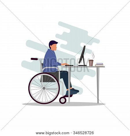 A young modern guy is sitting in a wheelchair and working at a computer. Business concept. Business people. Business background. A disabled person works in an office. Vector illustration