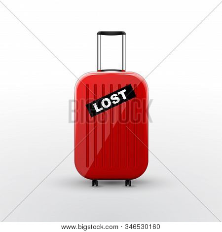 Suitcase With Black Lost Sticker. Baggage Lost During Transport Concept. Vector Illustration