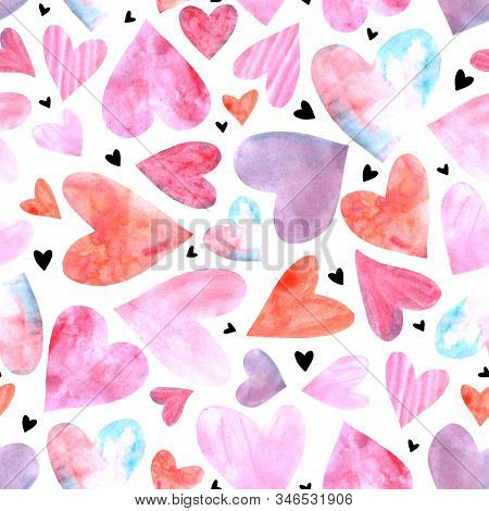 Seamless Pattern With Watercolor Hearts. Romantic Love Hand Drawn Backgrounds Texture. For Greeting 