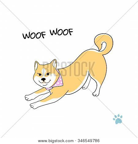 Cute Akita Dog. Happy Dog Barks, Shouts Woof Illustration On White Background - Card, Sticker, Patch
