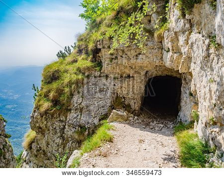 Tunnel Exit On Road Of 52 Tunnels On The Pasubio Massif In Veneto, Italy.