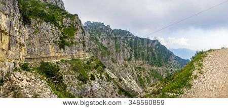 Panoramic View On Road Of 52 Tunnels On The Pasubio Massif In Veneto, Italy.
