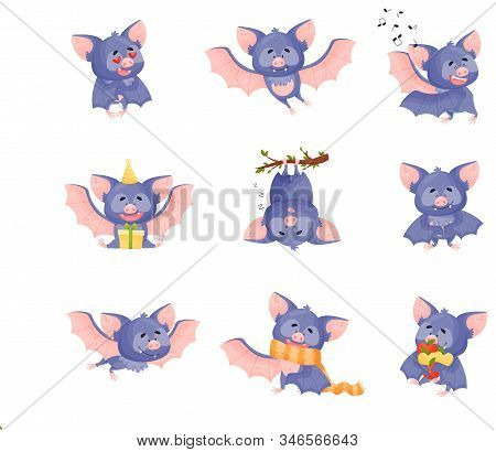 Funny Purple Bat Character In Different Poses Vector Set