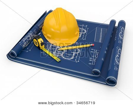 Concept de construction. Casque, blueprint et dirigeants. 3D
