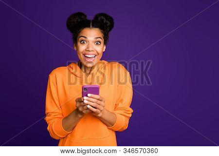 Photo Of Casual Excited Cute Charming Trendy Stylish Woman Looking At You With Eye And Mouth Open Ov