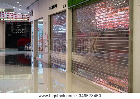 Wuhan China , 23 January 2020 : Empty Shopping Mall With Closed Shops During First Day Of The Lockdo
